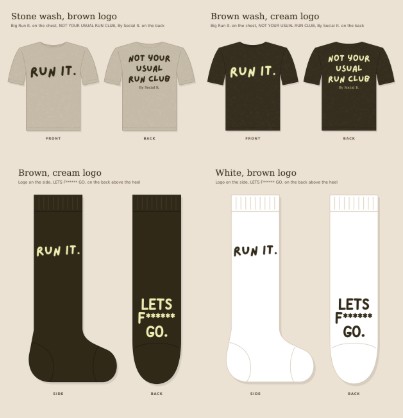 Run It. merch: oversized tees in stone wash and brown wash, and crew socks in brown and white